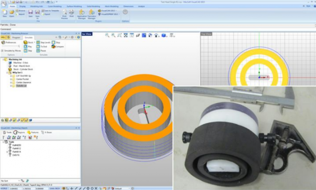 Figure 9 – The actual test head for the Sherloc™ Pressure Testing Work Cell is shown (inset) along with the VisualMILL part file containing the toolpaths.